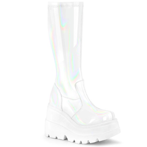 Demonia Shaker-65 Cyber Punk Goth White Hologram Wedge Platform Knee High Boots