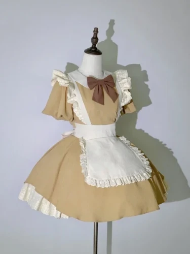 Khaki Maid Lolita Fashion Apron Dress Bowknot on Neckline