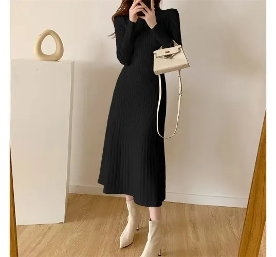 Long-Sleeve Mock Neck Plain Knit Midi A-Line Dress