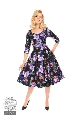 Faye Floral Swing Dress in Black/Purple - Hearts & Roses London