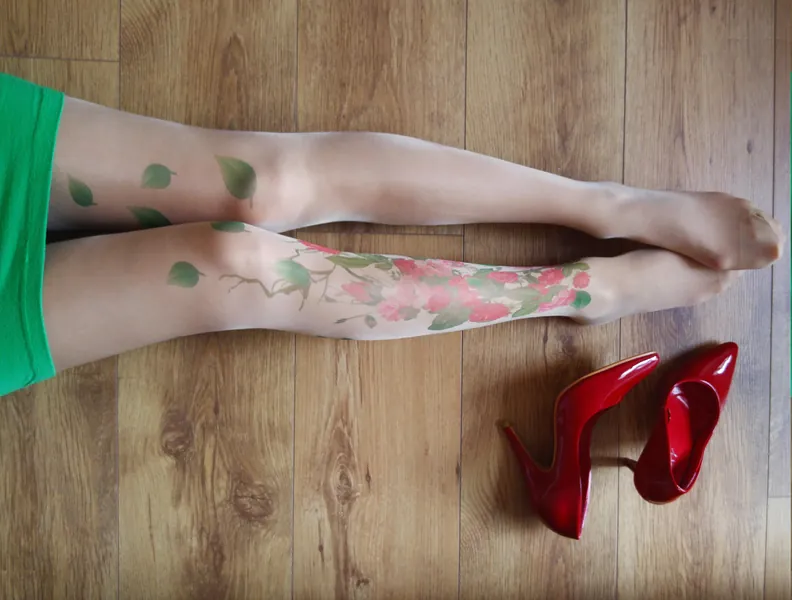 Tattoo Tights with Flowers, S-XXL Sizes Available, Printed Tights, Pantyhose