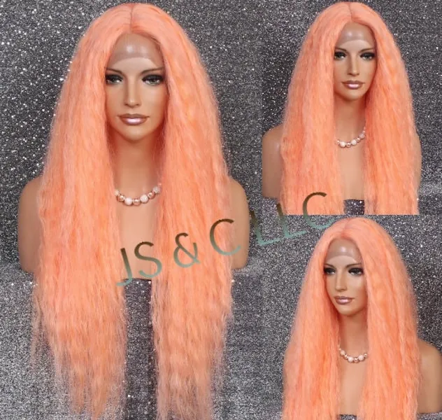 Peach Full Fluffy Barely Wavy Human Hair blend Lace Front Wig Center Part Heat OK Cancer Aloepcia Theatrical Character Anime Emo