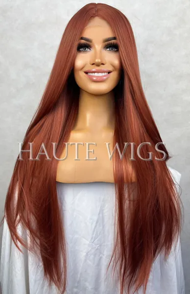 AUBURN XXX Long Small Lace closure Front Synthetic Womens Wig Ladies Deep Copper Ginger Brown Luxury 180 density Center Parting Straight
