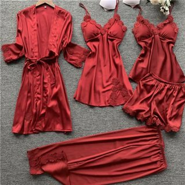 Pajama Set: Lace Trim Robe + Spaghetti Strap Sleep Dress + Camisole + Shorts + Pants
