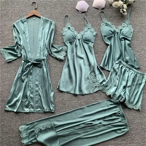 Pajama Set: Crochet Trim Pajama Dress + Tie-Waist Robe + Camisole Top + Shorts + Pants