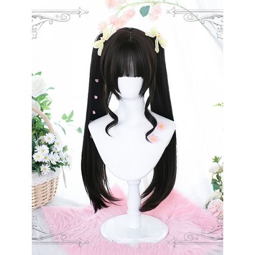 Permanent Machinery Black / Dark Brown Hime Cut Lolita Short Wig with Double Ponytails