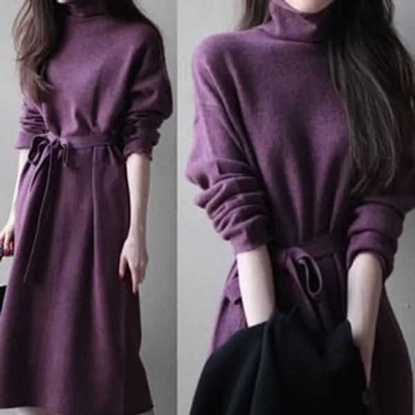 Long-Sleeve Turtleneck Plain Midi Sweater Dress