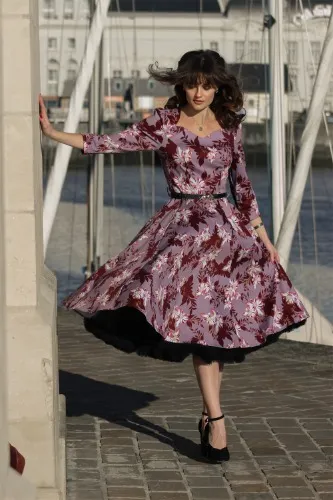 Mariana Floral Swing Dress in Purple - Hearts & Roses London