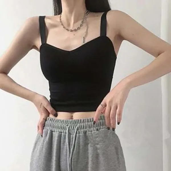 Padded V-Neck Plain Cropped Camisole Top