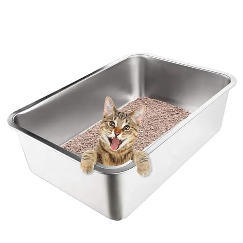 Stainless Steel Cat Litter Box With High Sides - Never Absorbs Odor, Stains or Rusts - Non Stick Smooth Surface For Cats and Rabbits
