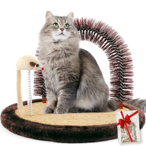 Happi N Pets Original Large Size Cat Arch Self Groomer Massager, Cat Grooming Brush with Sturdy Cat Scratching Pad and Catnip Toy, Cat Face Scratchers, Cat Scrathers for Indoor Cats, Cat Rubbing Post - L for adult cats-Cork covered - Brown