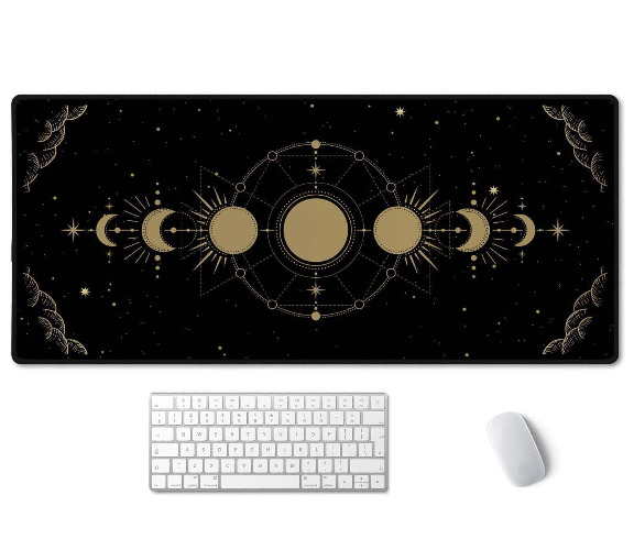 SSOIU Moon Phase Desk Mat, Celestial Desk Mat XXL, Gold Moon Cycle Lunar Chart, Stars Horoscope Desk Mat, Mystical Astronomy Zodiac Extended Gaming Mouse Pad (35.5x15.7 in), Large Rubber Base Mousepad - Moon Phase