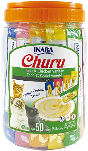 INABA Churu Cat Treats, Grain-Free, Lickable, Squeezable Creamy Purée Cat Treat/Topper with Vitamin E & Taurine, 0.5 Ounces Each Tube, 50 Tubes, Tuna & Chicken Variety - Tuna and Chicken Variety Pack - 50 Count (Pack of 1)