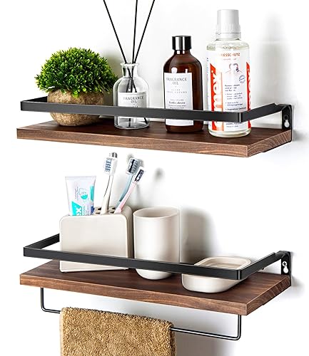 SODUKU Floating Shelves for Wall, Bathroom Shelves with Towel Bar, Wall Mounted Storage Shelves for Kitchen, Bathroom, Set of 2 Brown - Brown