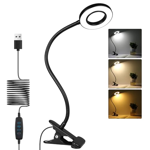 iVict Desk Lamp Clip on Light, 48 LEDs USB Clip Ring Light with 3 Color Modes 10 Dimmable Brightness, Eye Protection Desk Light, 360° Flexible Gooseneck for Desk Headboard Reading(Black)-15.8‘’ - 48LEDs