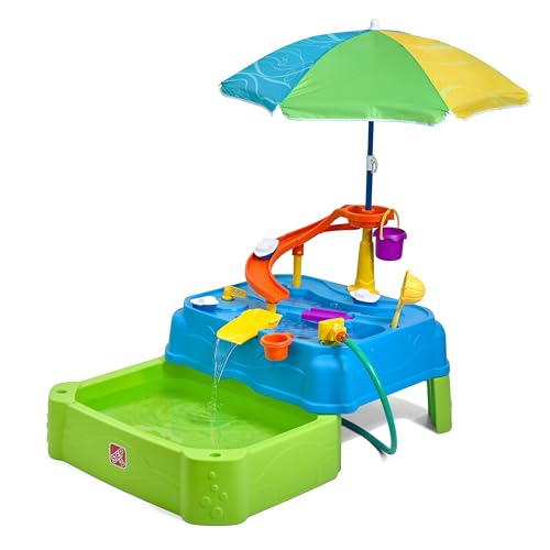Step2 Waterpark Wonders Two-Tier Water Table, Kids Water Activity Sensory Playset, Comes with Umbrella, Summer Outdoor Toys, 11 Piece Toy Accessories, for Toddlers 1.5+ Years Old - Blue
