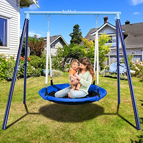 JYGOPLA 500lbs saucer swing with frame, kids swing set for outdoor backyard,1 45'' Saucer Tree Swing + 1 Heavy Duty Metal swing frame(Blue) - 45'' Saucer Swing
