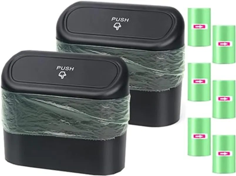 Car Trash Can, 2 Mini Car Accessories with Lid and 120pcs Trash Bag, Cute Car Organizer Bin, Small Garbage Can for Storage and Organization (White) (Black/Black)