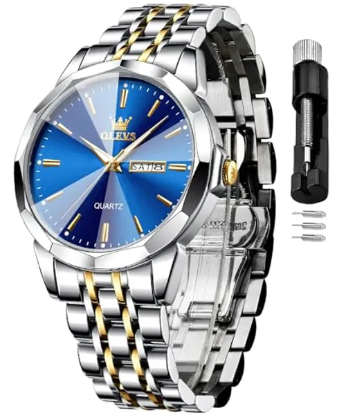 OLEVS Watch for Men Business Dress Diamond Analog Quartz Date Luxury Classic Stainless Steel Waterproof Luminous Two Tone Wrist Watch