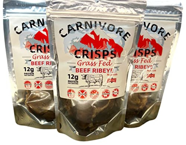 Carnivore Crisps beef ribeye, (3) 1.5 oz bag, 11 g proteins per serving, carnivore & keto diet approved