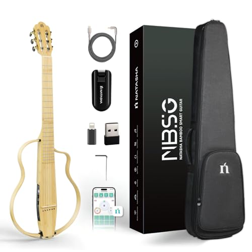 Natasha Bamboo Beginner Smart Silent Guitar, Nylon String Kids Classical Guitar, Classical Silent Guitar with Removable Frames, Wireless Receiver, USB Cable and Gig Bag