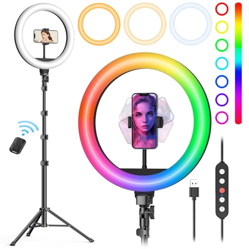 Weilisi 12'' Ring Light with Stand 72'' Tall & 2 Phone Holders,38 Color Modes Selfie LED Ring Light with Tripod Stand for iPhone/Android,Big Ring Light for Camera,YouTube,Makeup - 12'' Color
