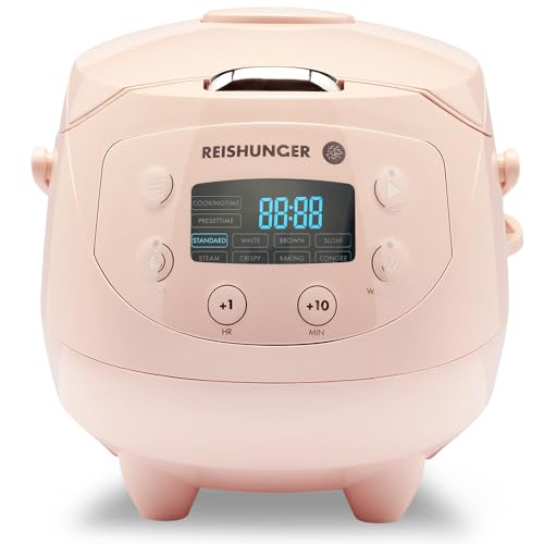REISHUNGER Digitaler Reiskocher klein, rosa | 0,6 L bis 3 Personen | Warmhaltefunktion, Timer & Premium Topf | Kleiner Multikocher & Dampfgarer, 8 Programme, 7-Phasen-Technologie - Rosa