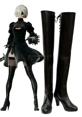 Nier Automaten 2B Laarzen Cosplay Yorha NO.2 Type B Cosplay Schoenen Handgemaakte Lange Zwarte Laarzen Hoge Hak Costum Gemaakt - AliExpress 200000532