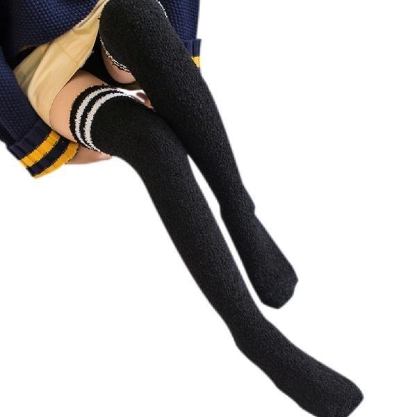 Fuzzy Striped Thigh Highs - Black