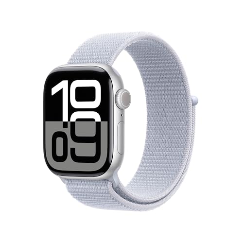Apple Watch Series 10 (GPS 42 mm) Smartwatch mit Aluminiumgehäuse in Silber und Sport Loop in Blaue Wolke (One Size). Fitnesstracker, EKG App, Always-on Retina Display, CO₂ Neutral - Boucle Sport - Boîtier de 42 mm - Argent/Nuée bleue - Taille unique - Poignet de 130 à 200 mm