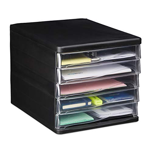 Relaxdays 10025423 Boîte avec tiroirs pour classement, 5 compartiments, matériel de bureau, A4, lettres, HlP 24,5x26x34cm noir, PP, polystyrène, 1 élément