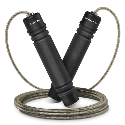 PORTENTUM Corde a sauter sport, Corde à Sauter Réglable, Roulements à Billes en Acier, Poignées Antidérapantes en Mousse, Câble en Acier pour Fitness, Crossfit, Sport, Boxe 2.8M - NOIR