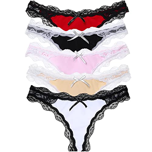 SPFASZEIV Damen String Tanga Sexy Spitze Unterwäsche Eisseide Tangas Slips Soft Panties Hipster Damen Set - M - S04-schwarz + Weiß + Rosa + Rot + Aprikose