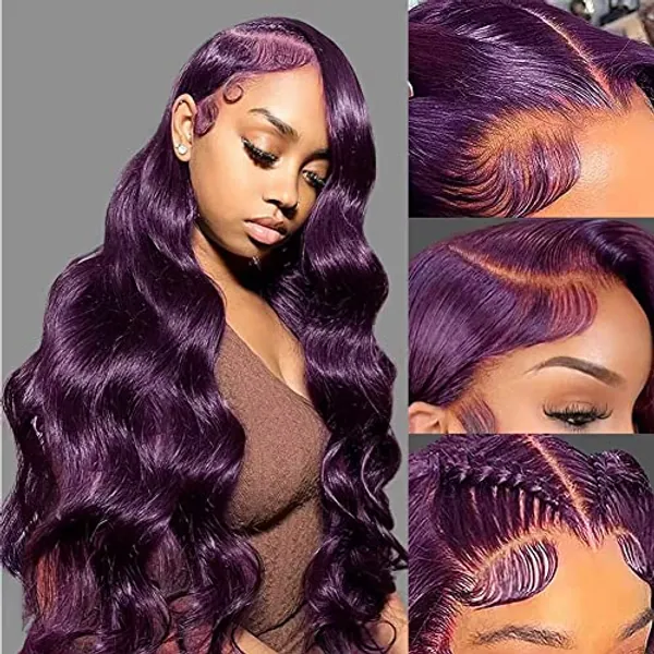 Colorful Bird Dark Purple Human Hair Wig Body Wave Deep Burgundy 13x4 Lace Front Wigs Grape Purple Glueless Wigs 180% Density for Women HD Transparent Lace Front Wigs 18 inch