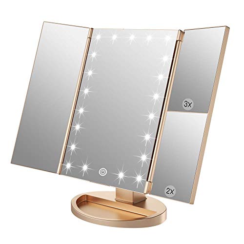 WEILY Tri-Fold Makeup Mirror with 2X/3X Magnifying 21 LEDs, 2 Power Supply Mode, Touch Switch Tabletop Cosmetic Mirror (Gold) - Gold