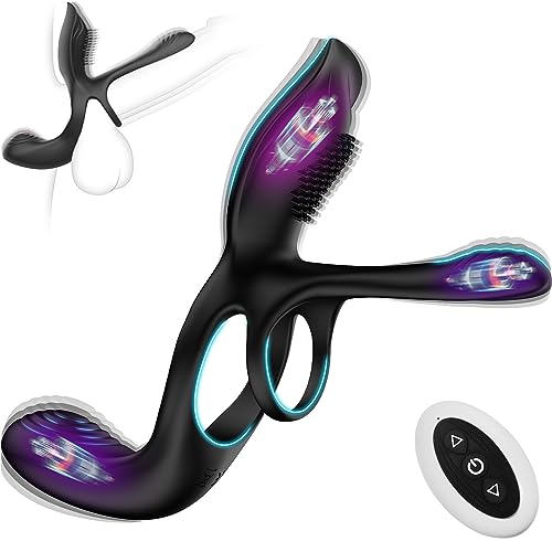 Vibrator for Couple, 3 in 1 Vibrating Cock Ring with 10 Modes, Men's Penis Vibrators, Perineum , G spot, Clitorals Stimulator for Women, Sex Novelties, Adult Sex Toys & Games Black - Black