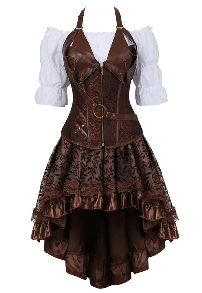 WLFFW Bustino Corsetto Gonna Camicetta Pelle Donna Steampunk Corpetto Costume