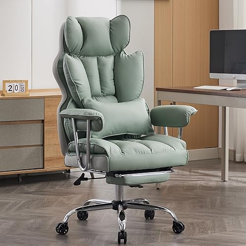 Efomao sedia da ufficio, Sedia da ufficio ergonomica in pelle PU, Sedia direzionale con supporto lombare e schienale alto,Sedia girevole regolabile con poggiapiedi e supporto lombare, verde chiaro - Green