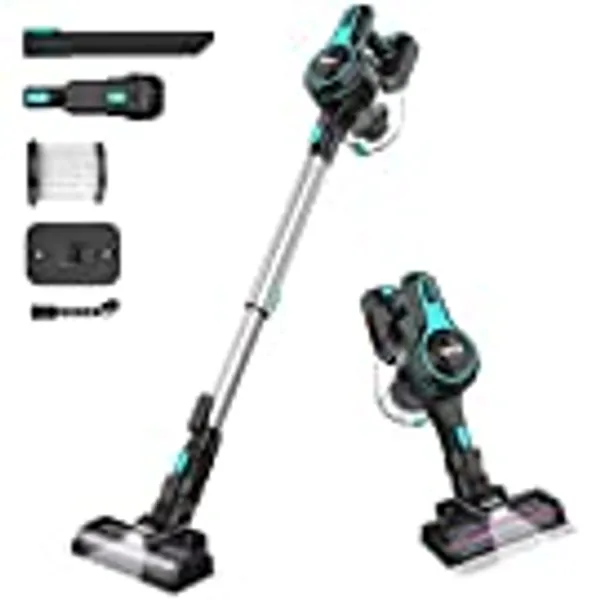INSE Cordless Vacuum Cleaner, 6-in-1 Rechargeable Stick Vacuum with 2200 m-A-h Battery, Powerful Lightweight Vacuum Cleaner, Up to 45 Mins Runtime, for Home Hard Floor Carpet Pet Hair-N5S Sky Blue
