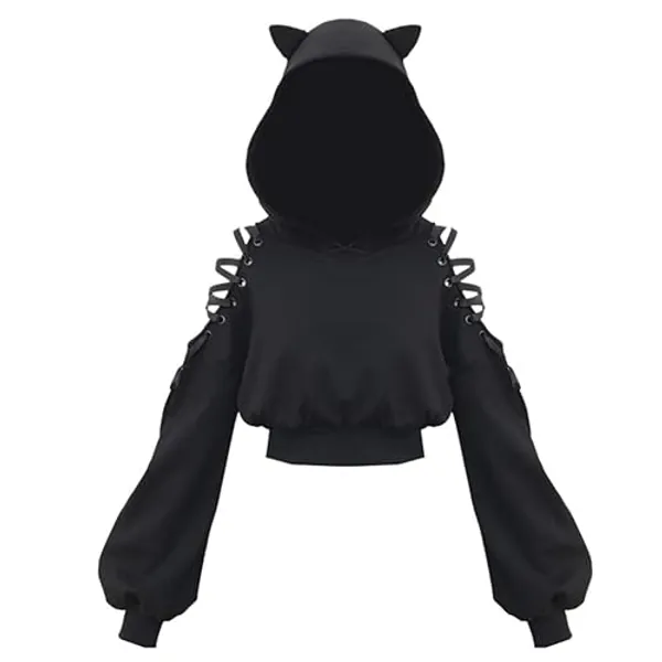 YANOOLH Women Cat Ear Hoodies Long Sleeve Off Shoulder Cute Crop Top Pullover Hoodie Sweatshirt - Black - X-Large
