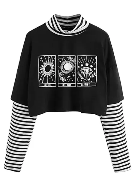 SweatyRocks Women's Color Block Butterfly Print Striped Long Sleeve Crop Top T Shirt - XX-Large Plus - Graphic Black White