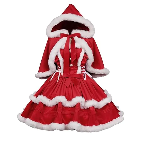 Oiefeen Women's Christmas Dress Skirt and Hooded Cloak Match - XX-Large - Red-1