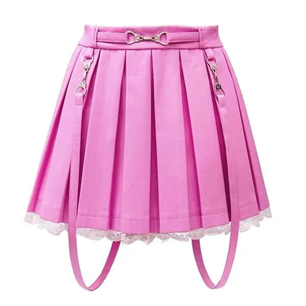 Littleforbig Women's A-Line Pleated Faux Leather Flared Casual Lace Trim Mini Skirts - Troublemaker - 4X-Large - Pink