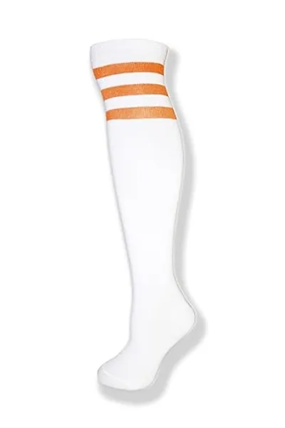 NEON NATION Unisex White Knee High Team Tube Socks with Various Colored Stripes - One Size - White With Neon Orange