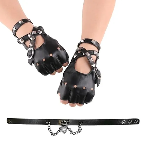BOMJJOR Women Fingerless Gloves Choker Rivet PU Leather Gloves and Punk Rock Necklace Set
