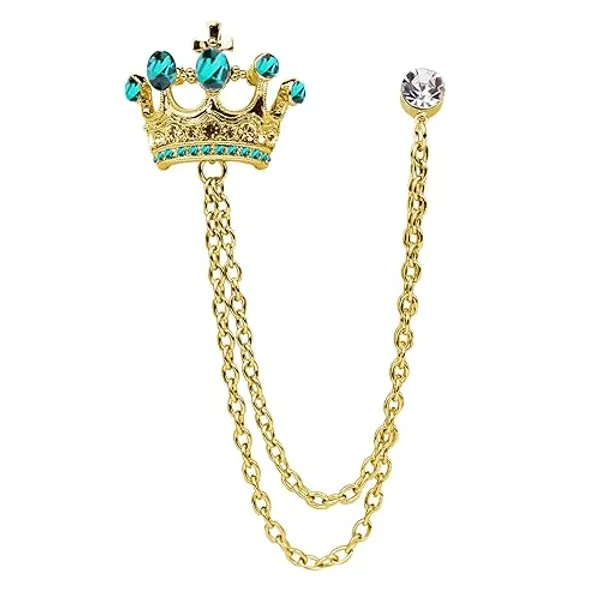 Crystal Crown Hanging Chain Brooch Suit Pin,Vintage Gold Crown Brooch,Suit Stud,Shirt Studs,Lapel Pin Accessories for Men Women - Gold Green