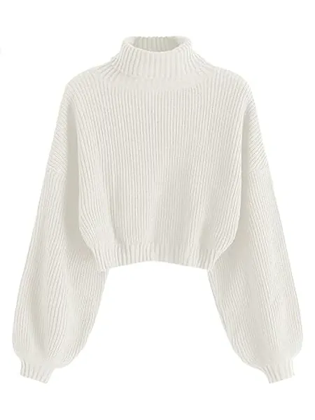 ZAFUL Women's Cropped Turtleneck Sweater Lantern Sleeve Ribbed Knit Pullover Sweater Jumper (2-White, XL)