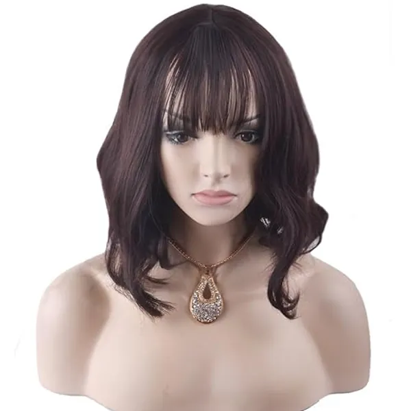 BERON 14 Inches Brown Wig Short Wavy Wig Brown Wigs with Bangs Bob Wig Brown Wig for Women Wig Cap Include - Deep Brown