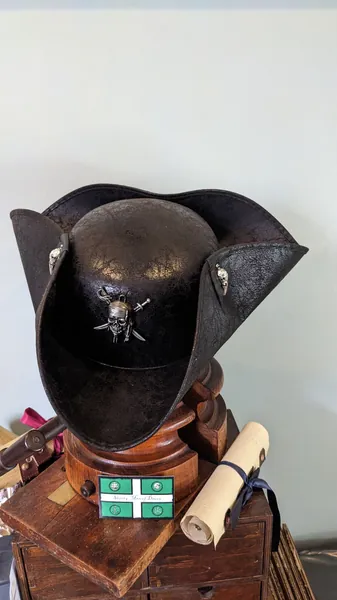 Black Dog Distressed Pirate Tricorne Hat, Brixham, Hastings n' Renaissance Style Party fun. Faux leather