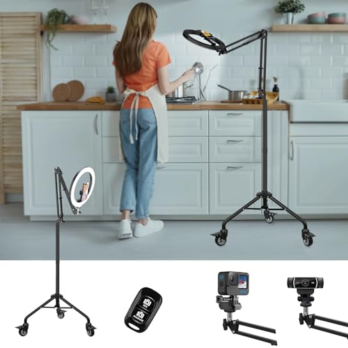 LUXSURE Ring Light Tripod for iPhone, Overhead Phone/Camera Mount with Casters,LED Ring Light with Stand and Phone Holder,Phone Tripod with Light for Video Recording/Live Streaming/Cooking - Floor